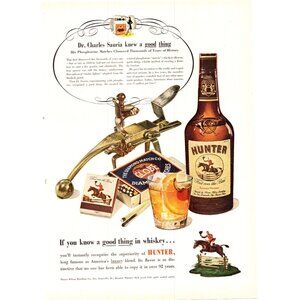 1952 Hunter Kentucky Whiskey Vintage Print Ad Paper Matchbook Matches WalL Art